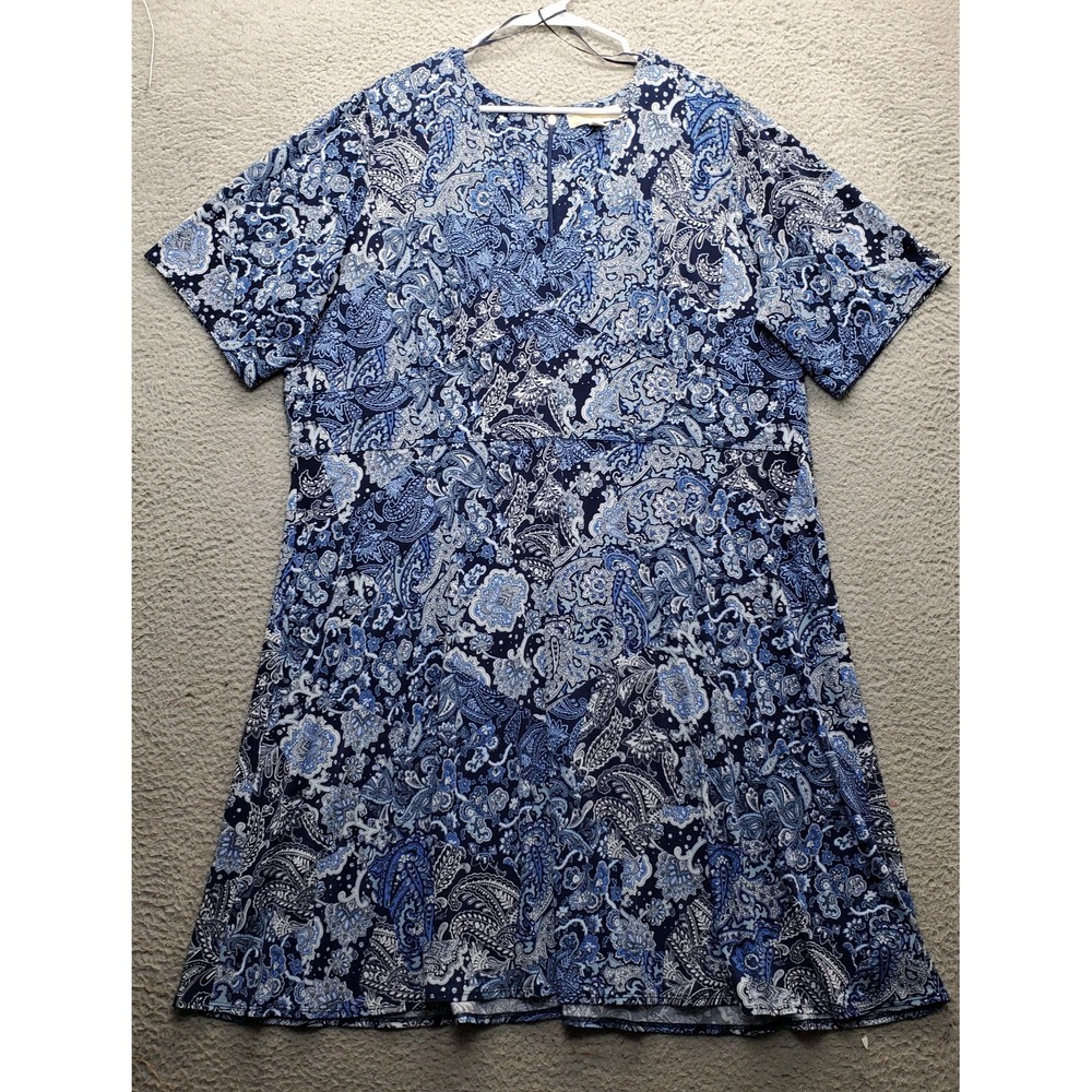 Michael Kors Sheath Dress Womens 3X Multi Paisley Short Sleeve V-Neck Back Zip